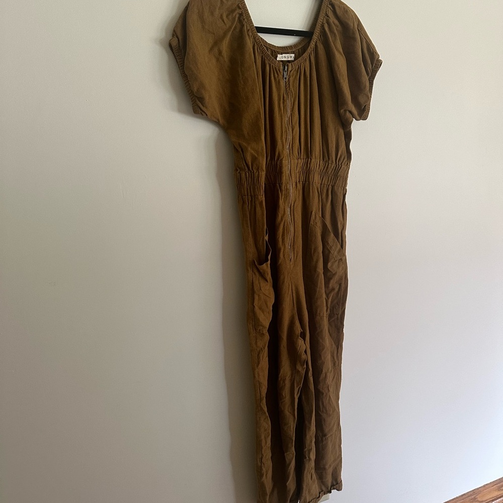 Chic Brown Jumpsuit by Longway California in Linen Mustard Brown Large Petite